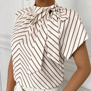 Elegant Casual Lace-Up Striped Print Summer Shirt